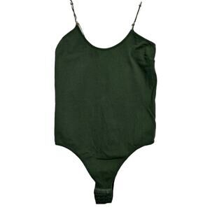 Madrag Bodysuit Ribbed Spaghetti Strap Scoop Hook & Eye Olive Green M/L